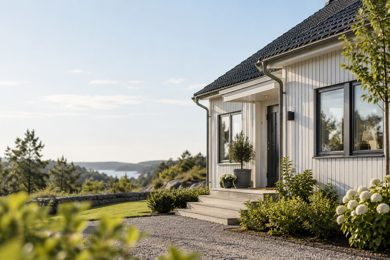 Ett välskött vitt hus med trädgård i morgonljus