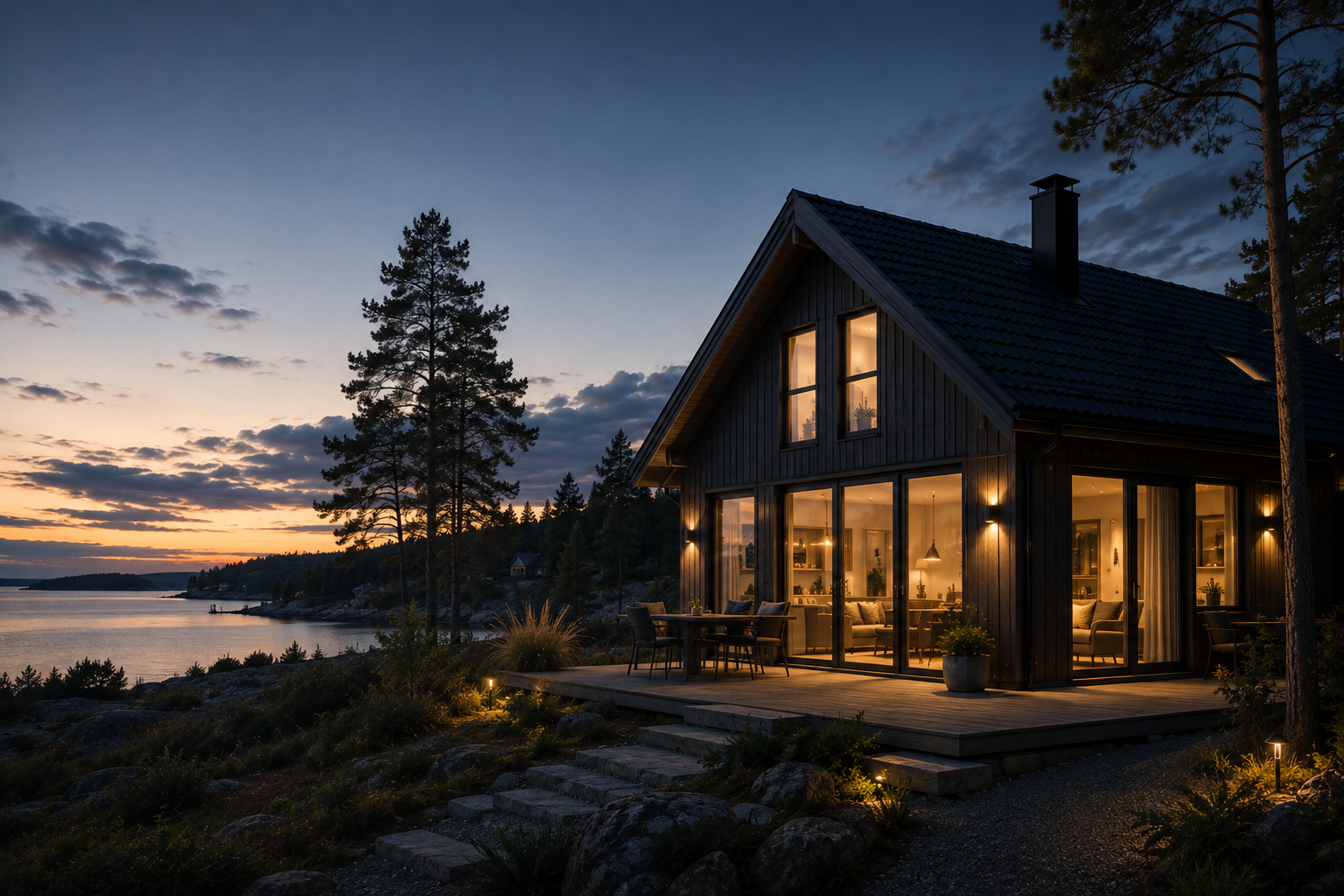 Ett modernt hus i skymningen med varmt ljus i fönstren
